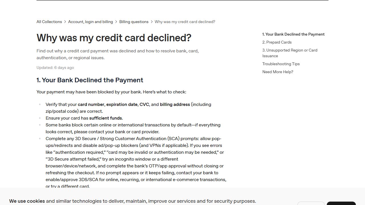 help.openai.com 官方页面截图：Why was my credit card declined? | OpenAI Help Center